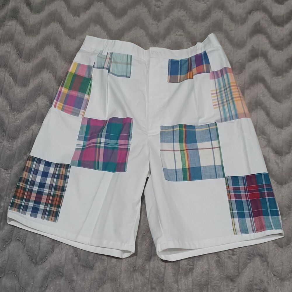 Patchit Y2K 90s Womens Size M White Vtg 100% Cotton Plaid Patch Bermuda Shorts